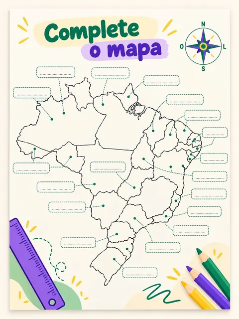 Atividade Complete o mapa: mapa do Brasil para preencher